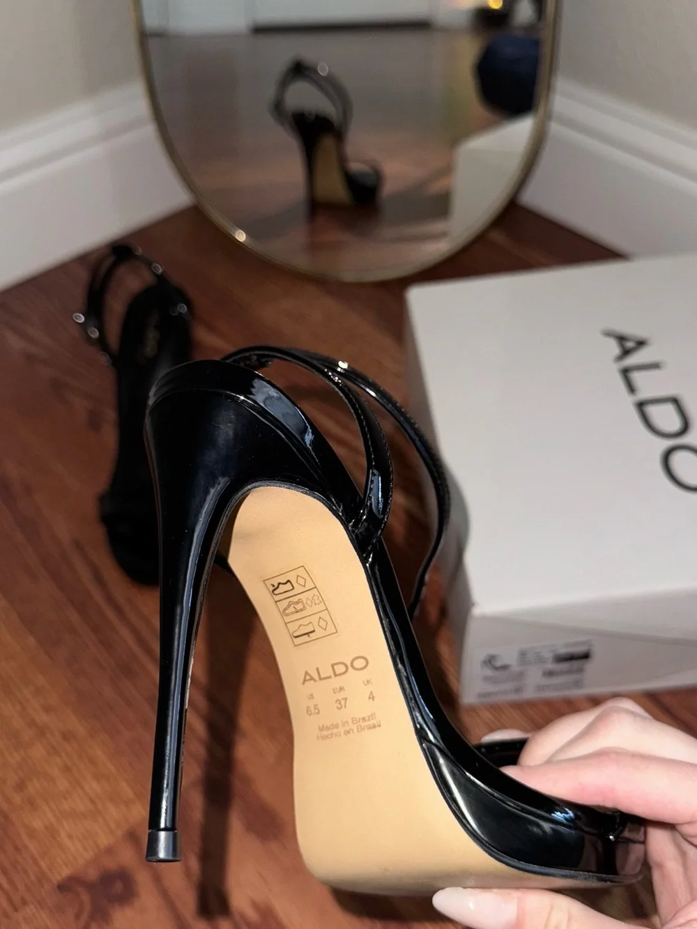 Aldo Black Patent Stiletto Sandals with Ankle Strap